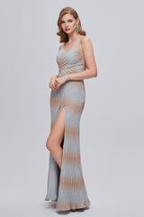 Prom Dress With Slit, Mermaid V-Neck Ruched Long Prom Dresses with Slit