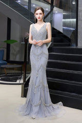 Evening Dress With Sleeve, Mermaid V Neck Sleeveless Floor Length Prom Dresses With Crystal Beading