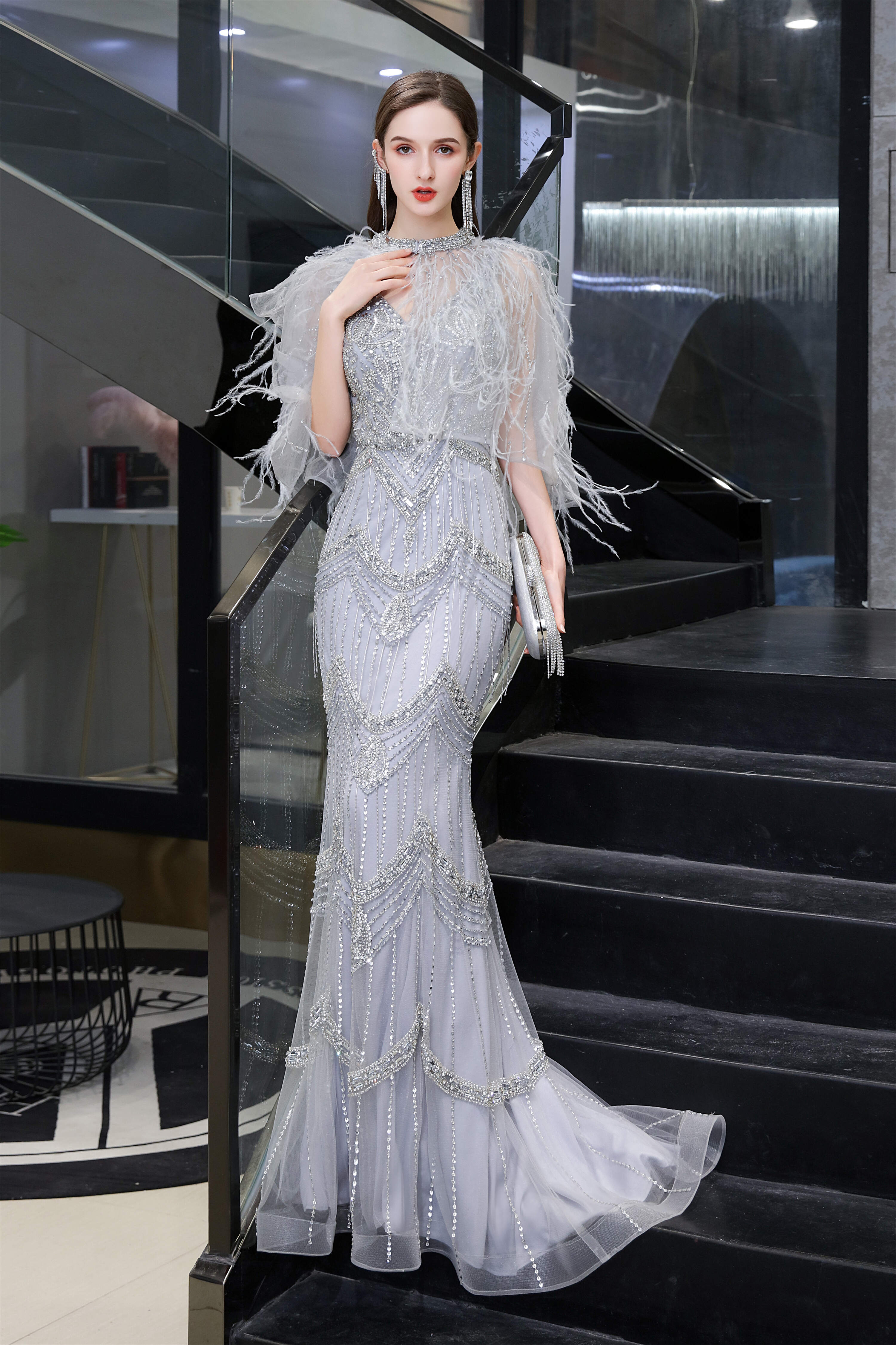 Evenning Dress For Wedding Guest, Mermaid V Neck Sleeveless Floor Length Prom Dresses With Crystal Beading