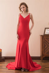 Prom Dress With Shorts, Mermaid V-Neck Spaghetti Straps Red Satin Prom Dresses