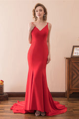Prom Dresses With Short, Mermaid V-Neck Spaghetti Straps Red Satin Prom Dresses