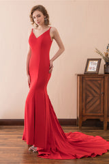 Prom Dresses With Shorts, Mermaid V-Neck Spaghetti Straps Red Satin Prom Dresses