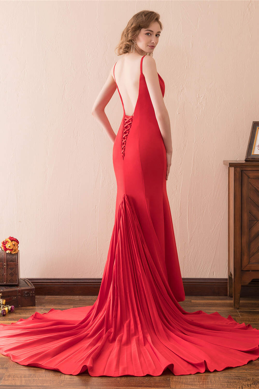 Prom Dresses For Adults, Mermaid V-Neck Spaghetti Straps Red Satin Prom Dresses