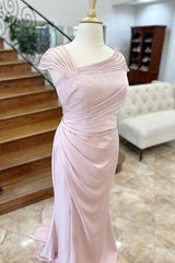 Party Dress With Sleeves, Pink Asymmetrical Mermaid Satin Long Mother of Bride Dress