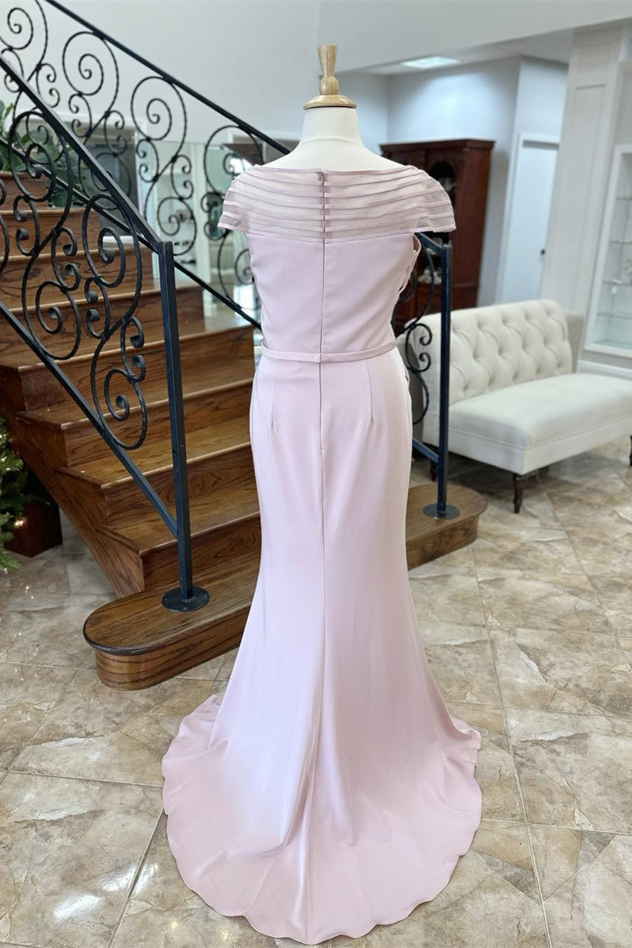 Party Dress Mid Length, Pink Asymmetrical Mermaid Satin Long Mother of Bride Dress