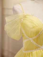 Party Dress With Sleeves, Mini/Short Yellow Prom Dresses, Yellow Cute Homecoming Dress With Beading Lace