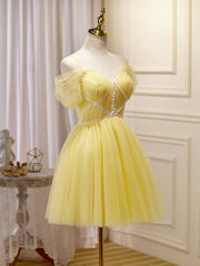 Party Dress Mid Length, Mini/Short Yellow Prom Dresses, Yellow Cute Homecoming Dress With Beading Lace