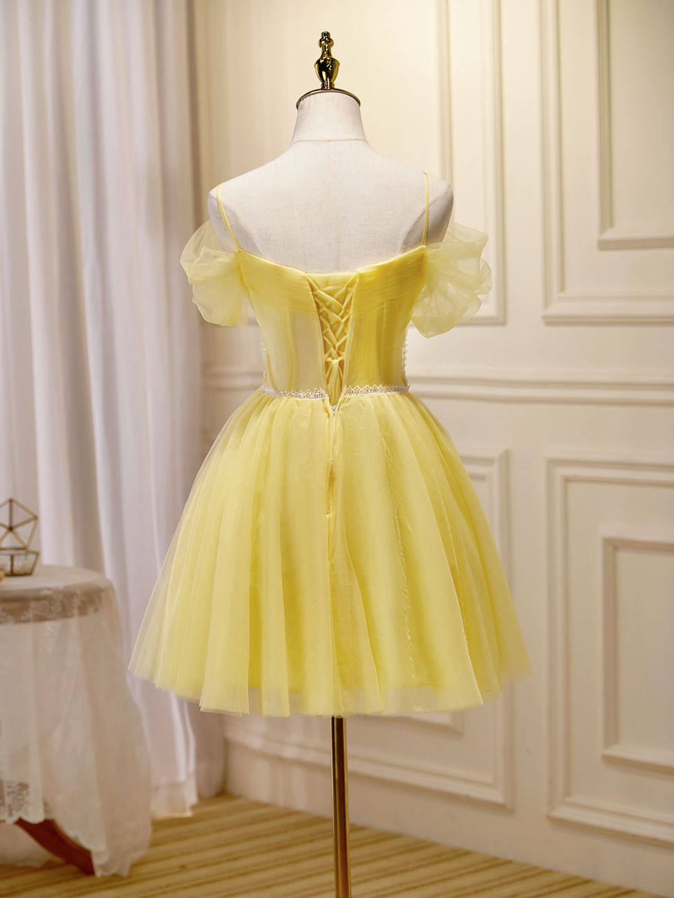 Party Dresses For Ladies 2024, Mini/Short Yellow Prom Dresses, Yellow Cute Homecoming Dress With Beading Lace