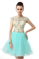 Prom Dress Gown, Mint Green Beaded Short Homecoming Dresses