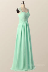 Evening Dresses For Over 77S, Mint Green Pleated Chiffon Long Bridesmaid Dress