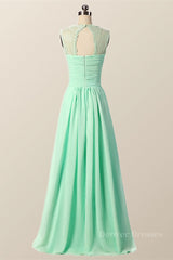Evening Dresses For Over 77, Mint Green Pleated Chiffon Long Bridesmaid Dress