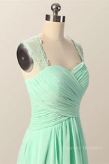 Evening Dress Knee Length, Mint Green Pleated Chiffon Long Bridesmaid Dress