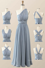 Party Dresses Outfit Ideas, Misty Blue Chiffon Convertible Bridesmaid Dress