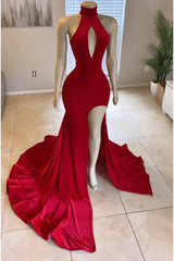 On Shoulder Dress, Modern High Neck Red Leg Split Mermaid Prom Dress Long
