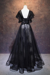 Classy Gown, Modest Black Long A-line V-neck Black Prom Dresses Chic Party Dress