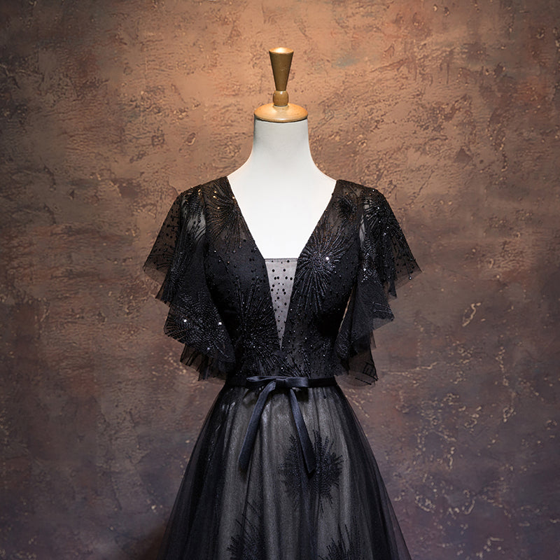 Dressy Outfit, Modest Black Long A-line V-neck Black Prom Dresses Chic Party Dress