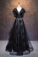 Cocktail Party Outfit, Modest Black Long A-line V-neck Black Prom Dresses Chic Party Dress
