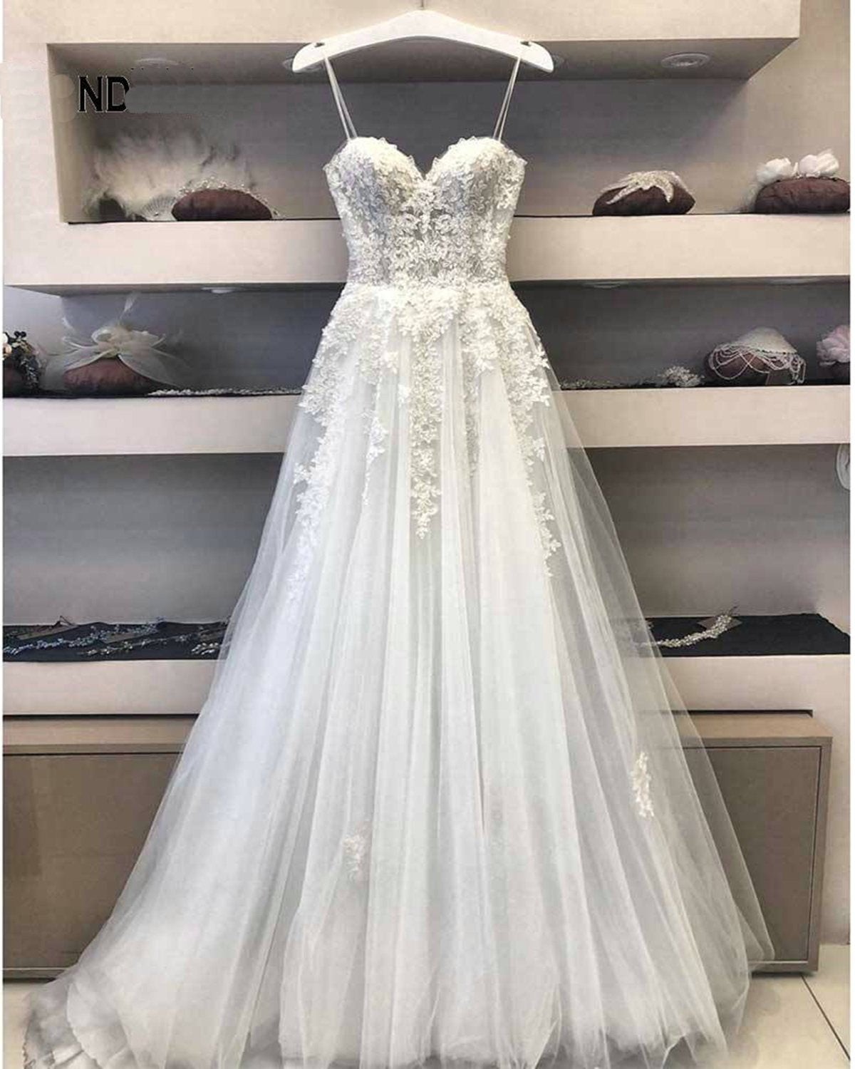 Wedding Dresses Idea, Modest Long A Line Sweetheart Lace Tulle Wedding Dress