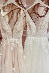 Wedding Dresses The Bride, Modest Long A-line V-neck Backless Tulle Lace Wedding Dress