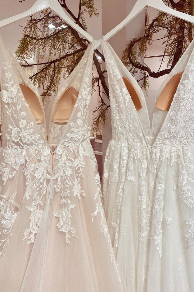 Wedding Dresses Deals, Modest Long A-line V-neck Backless Tulle Lace Wedding Dress