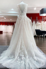 Wedding Dresses Store, Modest Long A-line V-neck Open Back Tulle Wedding Dress with Appliques Lace