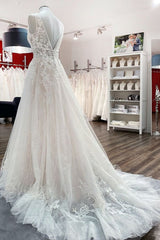 Wedding Dress Stores, Modest Long A-line V-neck Open Back Tulle Wedding Dress with Appliques Lace