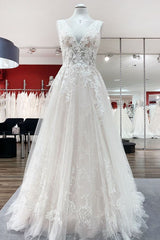 Wedding Dresses Stores, Modest Long A-line V-neck Open Back Tulle Wedding Dress with Appliques Lace
