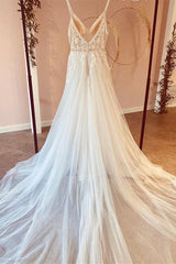 Wedding Dresses Elegent, Modest Long A-line V-neck Spaghetti Straps Tulle Wedding Dress with Appliques Lace