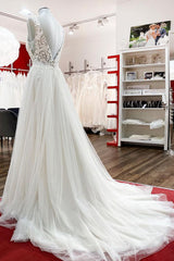 Wedding Dresses Wedding Dresses, Modest Long A-line V-neck Tulle Ruffles Backless Wedding Dresses With Lace