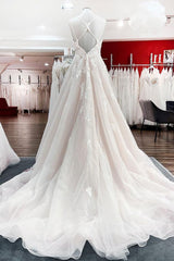 Wedding Dresses Silk, Modest Long Princess V-neck Tulle Spaghetti Straps Wedding Dress with Lace