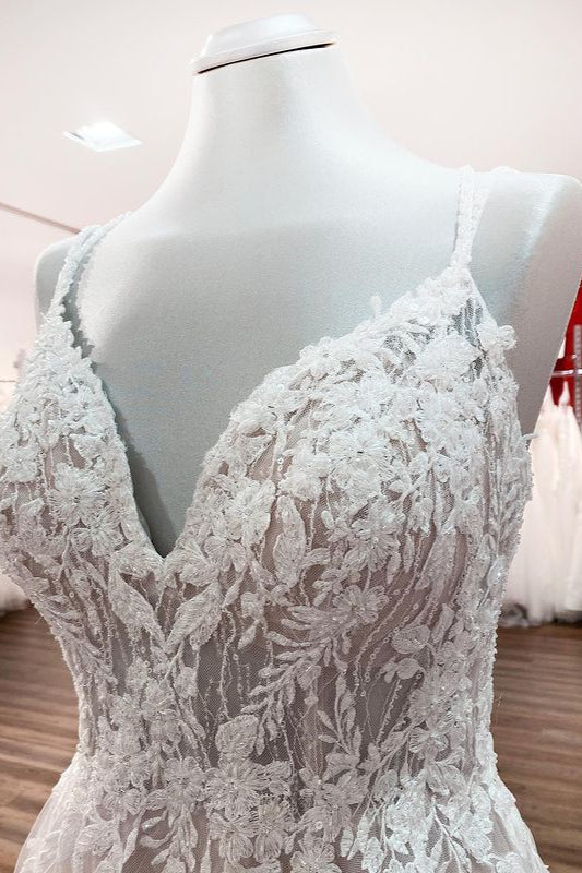Wedding Dresses Unique, Modest Long Princess V-neck Tulle Spaghetti Straps Wedding Dress with Lace