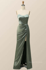Blue Prom Dress, Moss Green Satin Strapless Long Bridesmaid Dress
