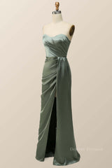 Evening Gown, Moss Green Satin Strapless Long Bridesmaid Dress