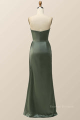 Black Bridesmaid Dress, Moss Green Satin Strapless Long Bridesmaid Dress