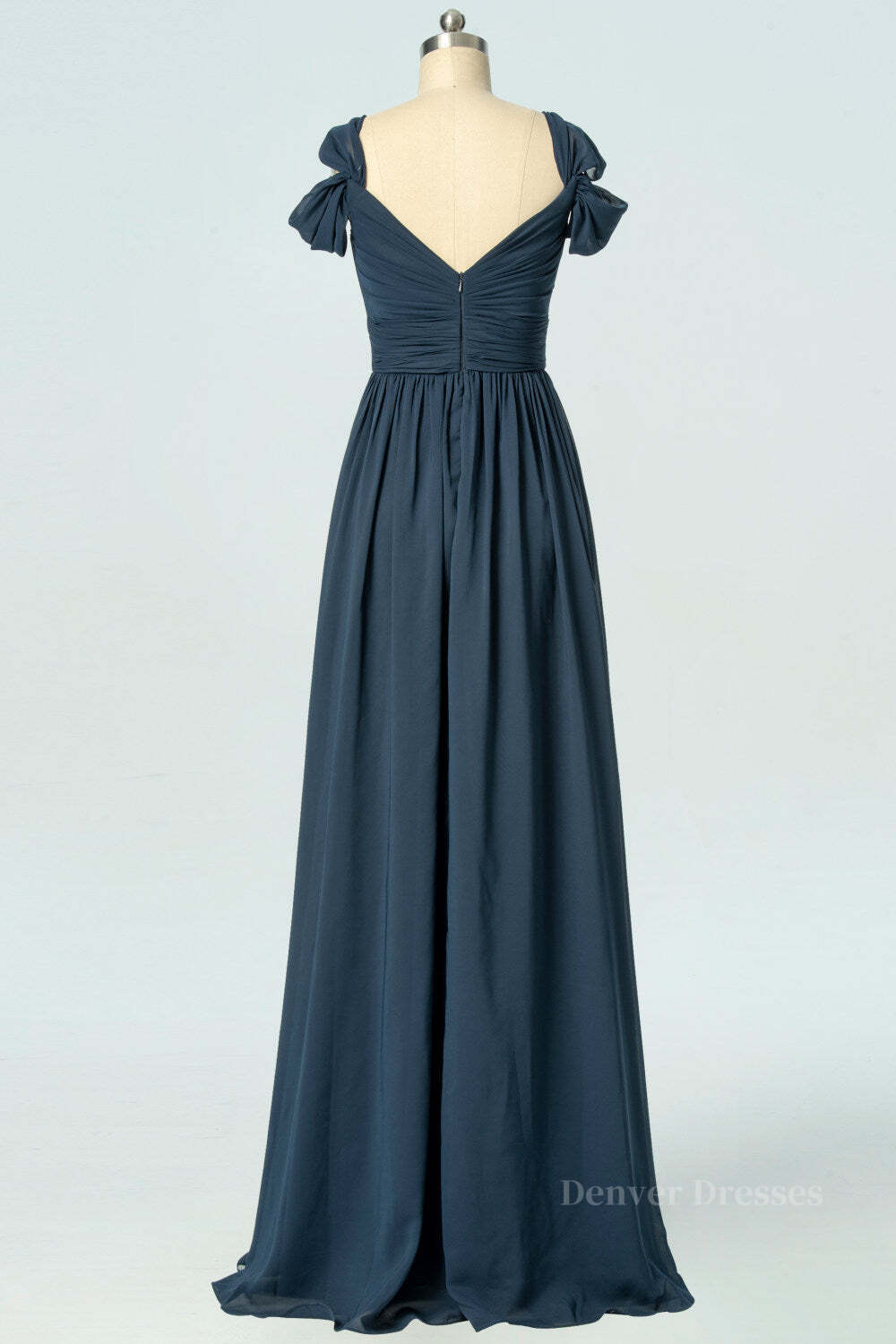 Formal Dress With Sleeve, Navy Blue A-line Chiffon Pleated Long Bridesmaid Dress