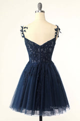 Long Sleeve Wedding Dress, Navy Blue A-line Lace Appliques Short Homecoming Dress