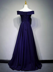 Prom Dress Long Sleeved, Navy Blue A-line Spandex Long Prom Dress, Off Shoulder Bridesmaid Dress