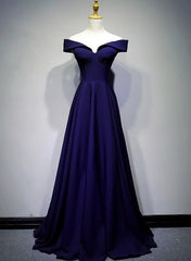 Prom Dress Long Sleeves, Navy Blue A-line Spandex Long Prom Dress, Off Shoulder Bridesmaid Dress