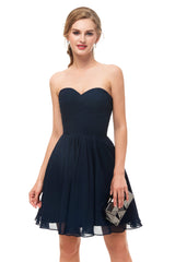 Black Prom Dress, A Line Strapless Knee Length Chiffon Homecoming Dresses