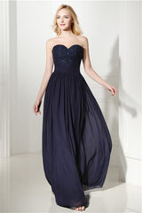 Evening Dress Elegant, Navy Blue Chiffon Sweetheart Lace Beading Prom Dresses