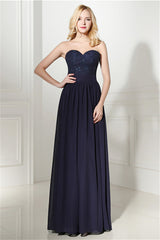 2043 Prom Dress, Navy Blue Chiffon Sweetheart Lace Beading Prom Dresses
