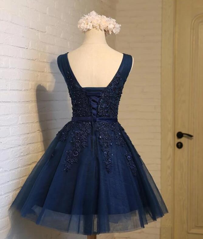 Prom Dresses 2022 Cheap, Navy Blue Knee Length Homecoming Dresses, V-neckline Short Formal Dresses