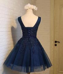 Prom Dresses 2022 Cheap, Navy Blue Knee Length Homecoming Dresses, V-neckline Short Formal Dresses