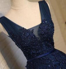 Prom Dresses Pattern, Navy Blue Knee Length Homecoming Dresses, V-neckline Short Formal Dresses