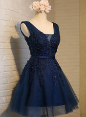Prom Dresses For Teens Long, Navy Blue Knee Length Homecoming Dresses, V-neckline Short Formal Dresses