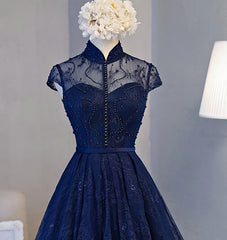 Prom Dresses For Adults, Navy Blue Knee Length Lace Party Dress, Homecoming Dress