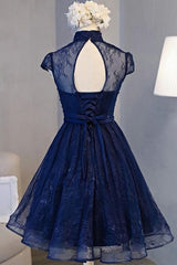 Prom Dress Places Near Me, Navy Blue Knee Length Lace Party Dress, Homecoming Dress
