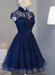Prom Dresses With Shorts, Navy Blue Knee Length Lace Party Dress, Homecoming Dress