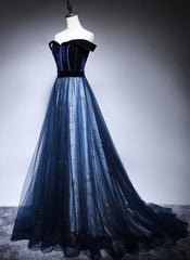 Prom Dresses 2023 Long, Navy Blue Off Shoulder Long Party Dress, Long Prom Dress