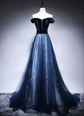 Prom Dresses Ball Gown Elegant, Navy Blue Off Shoulder Long Party Dress, Long Prom Dress